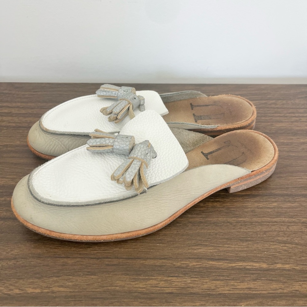 Leather White and Gray Mules with Tassel Detail